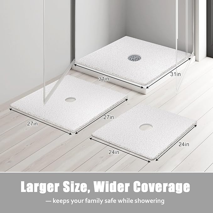 Square Shower Mat Non Slip: 24x24 Inch Shower Floor Mat with Drain Hole in Middle, Super Soft and Comfortable PVC Loofah Massage Bath Mat for Shower, Anti Slip Shower Stall Mat, Quick Drying