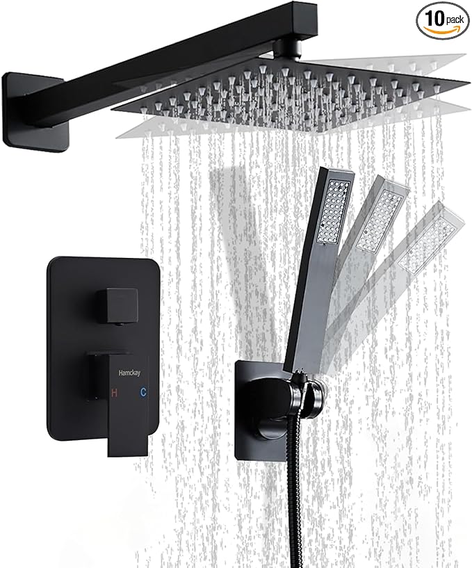 8 Inch Matte Black Shower Faucet Set with Rain Shower Head and Handheld Spray, Wall Mounted Rainfall Shower Head with Handheld Combo, Bathroom luxury Shower System with Valve and Trim