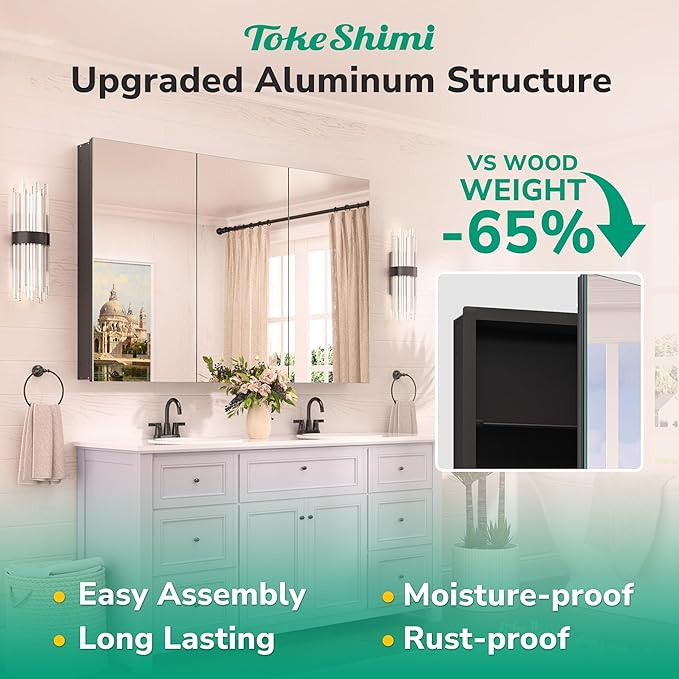 TokeShimi 48x26 Recessed Medicine Cabinet with Mirror Aluminum Black, Tempered Frameless Bathroom Mirror with Storage Adjustable, White Wall Mounted Medicine Cabinet for Bathroom Farmhouse