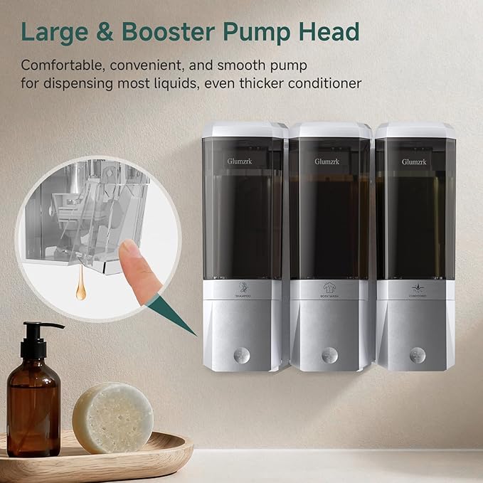 Shampoo and Conditioner Dispenser Wall Mounted No Drill, Shower Soap Dispenser 3 Chamber Shampoo Conditioner Body Wash Refillable 3 * 17oz Shower Soap Dispenser for Bathroom Hotel, Silver+Smoke Gray