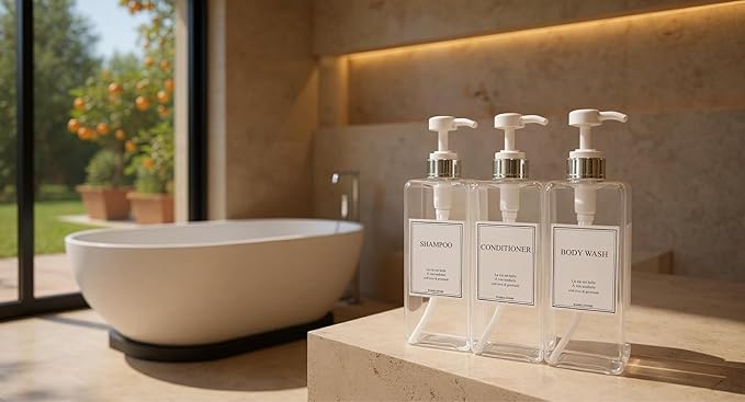 Modern Design Shampoo and Conditioner Dispenser, Large 27oz Shower Soap Dispenser, Set of 3 Refillable Empty Plastic Pump Bottles for Bathroom, 6 Waterproof Labels Included, (Clear & Silver)