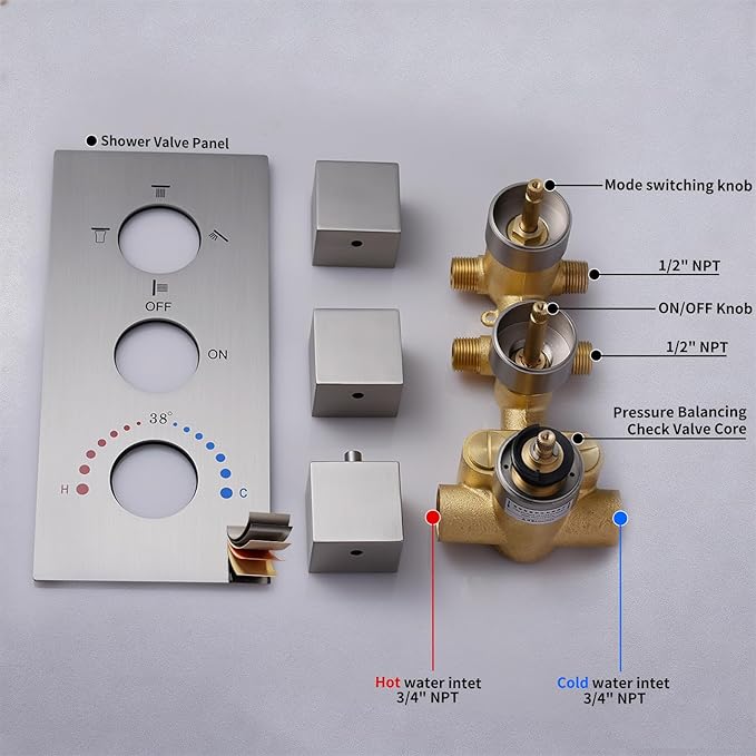 Thermostatic Shower System Brushed Nickel Shower Faucet Set, Four Modes Shower Faucet with 4 PCS Body Jet, Handheld Spray, Ceiling Mount 12 inch Shower Head with 8 inch Wall Mount Shower Head