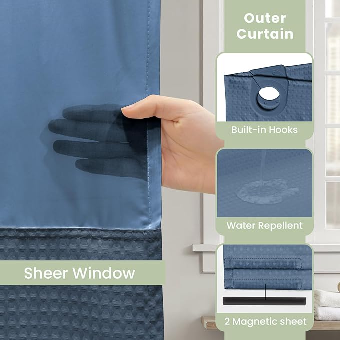 Inhousolu No Hook Shower Curtain with Snap in Fabric Liner Set Waffle Weave 230GSM Weighted Hem, Waterproof & Washable Bathroom Curtain Spa Luxury with Mesh Top Window 72" W x 72" L Moonlight Blue