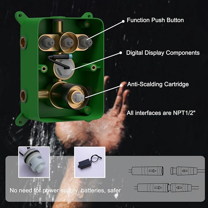 Temperature Display Shower Faucet Set Matte Black Shower System with 2 Rain Shower Head(12+8"), Handheld Shower and Multi-function Push Button Shower Faucet Trim Kit