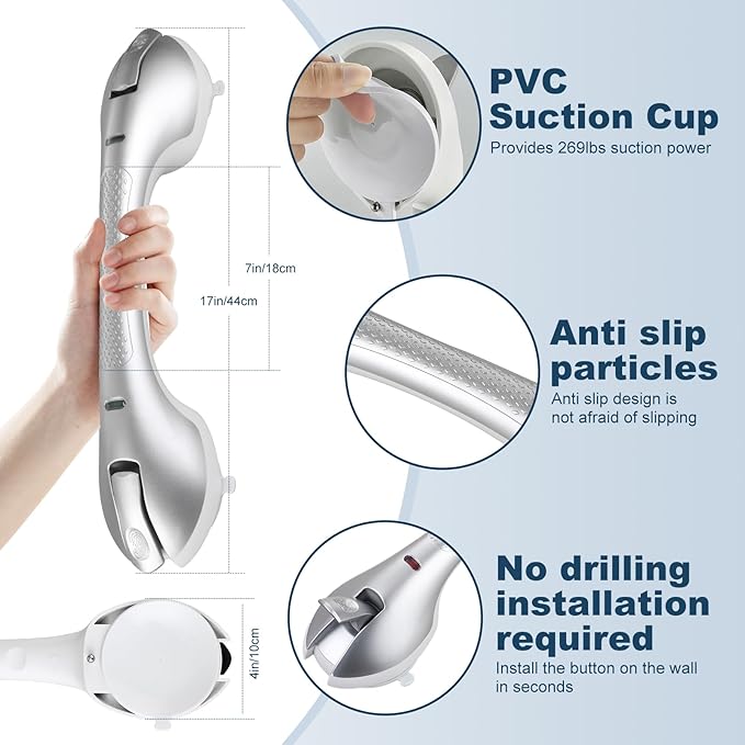 Shower Grab Bar 2 PCS Suction Grab Bars for Bathtubs and Showers, Shower Handle Removable Shower Handrails for Kids, Bathroom Safety Grip Waterproof(Silver)