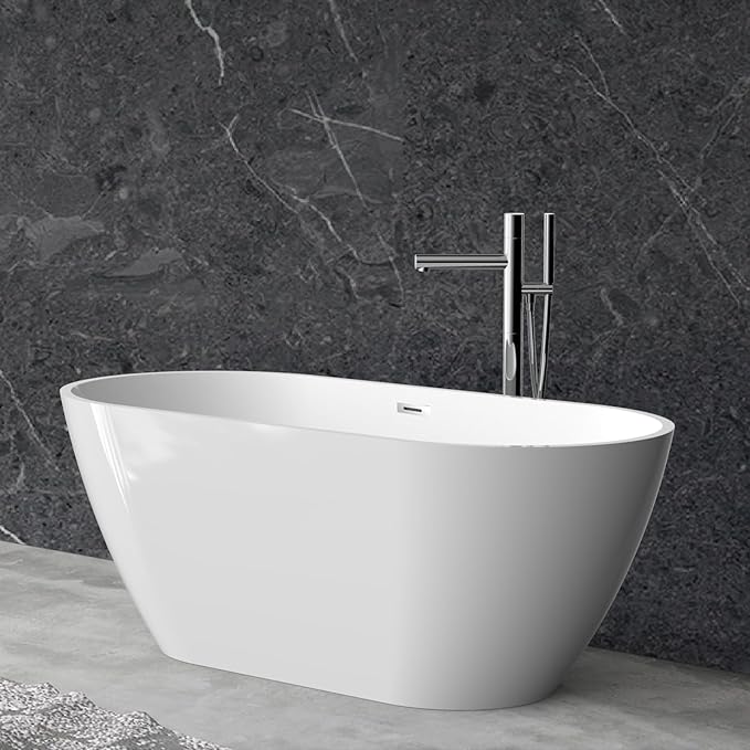 59" Acrylic Freestanding Bathtub, Modern Deep Soaking Tub, cUPC Certified Free Standing Tub, Chrome Drain/Overflow, White Acrylic, Flora White