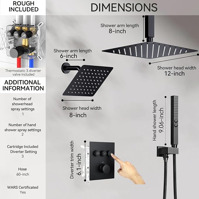 Thermostatic Shower Systems Matte Black Shower Faucets Sets, STARBATH 12+ 8" Wall Mount Rain Shower and 2 in 1 Handhled, Can Use All at Once, Push Button 3 Modes Valve and Trim Kit Complete Shower Set