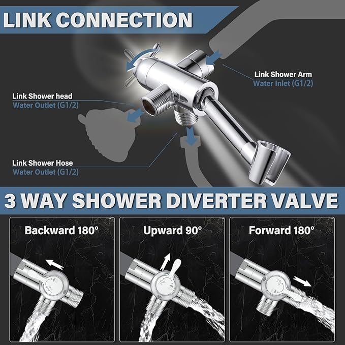 YDmeet All Metal Shower Diverter Valve with HandShower Holder - Upgraded 3 Way Shower Head for Handheld and Fixed Rain Showerhead - Universal G1/2 Bathroom Part, Polished Chrome