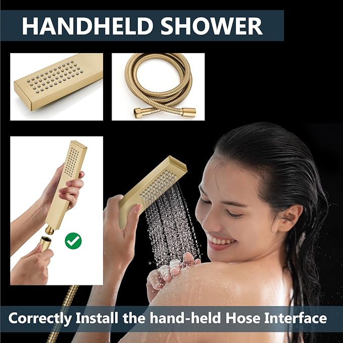 Aolemi Shower Faucet Set Rain Shower System with Handheld Spray Bathroom Shower Combo Rough-in Valve and Shower Trim Kit Included Brushed Gold 16 Inch Wall Mount Shower Head