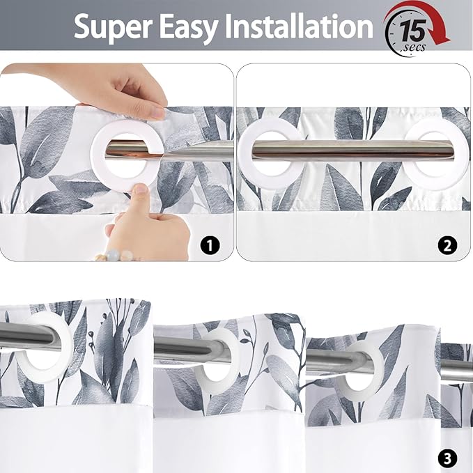 No Hook Shower Curtain and Liner Set, Blue Grey Eucalyptus Floral Shower Curtains for Bathroom, Bath Curtain Sets with Snap in Liner, Waterproof with See Through Top Window, 71x84 Inches