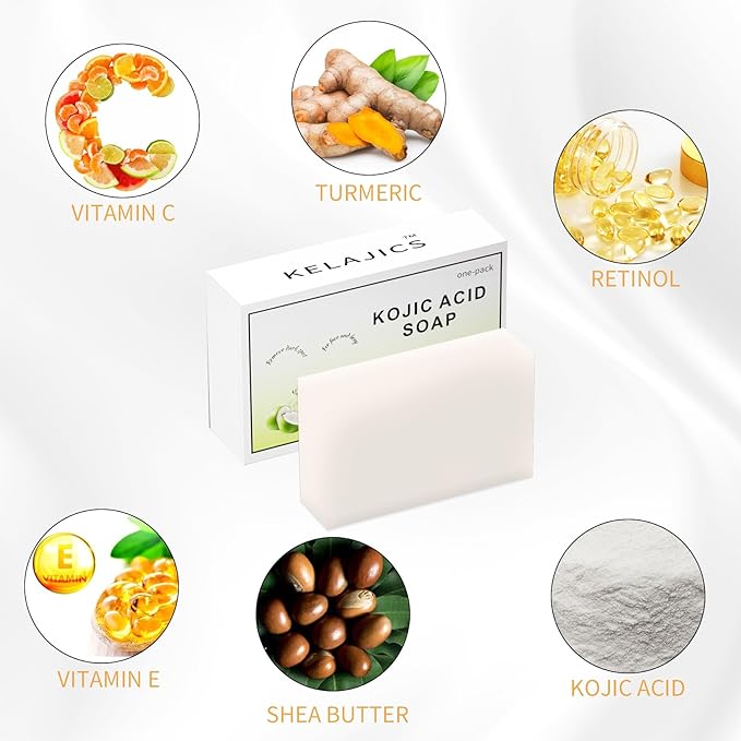 Kojic Acid Soap Bars with Retinol, Collagen, Vitamin C, Fresh Coconut Scent for Face and Body, Moisturizes, Smooth and Evenly Radiant (1 Pack)