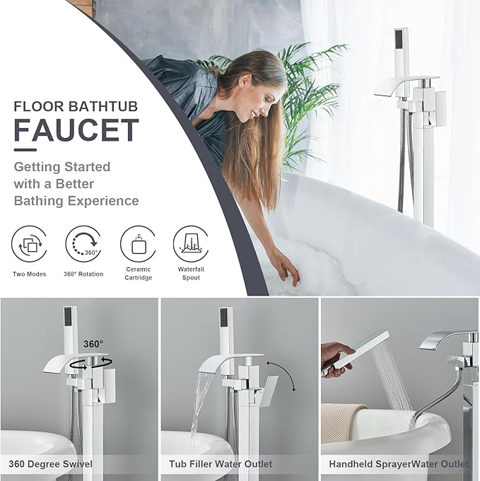 Senlesen Bathroom Chrome Freestanding Tub Faucet Floor Mounted Bathtub Shower Faucet with Handheld Sprayer