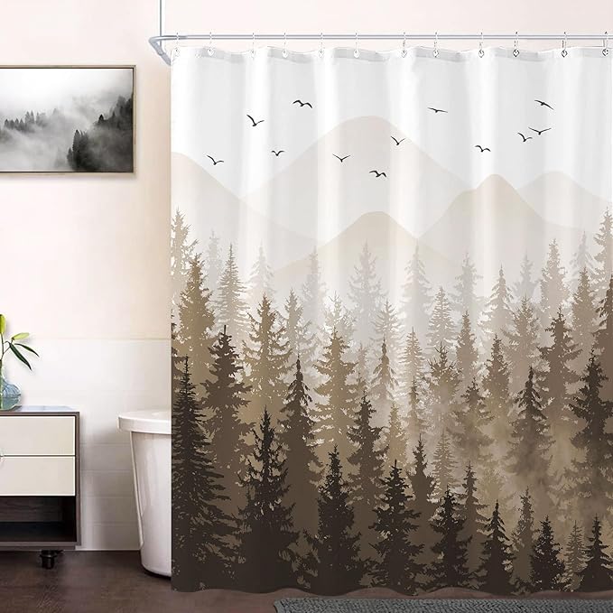 Aipon Brown Misty Forest Shower Curtain Ombre Nature Tree Plants Shower Curtains Fabric Waterproof Mountain Shower Curtain Sets for Bathroom Bath Decor with 12 Hooks (Brown, 72'' × 72'')