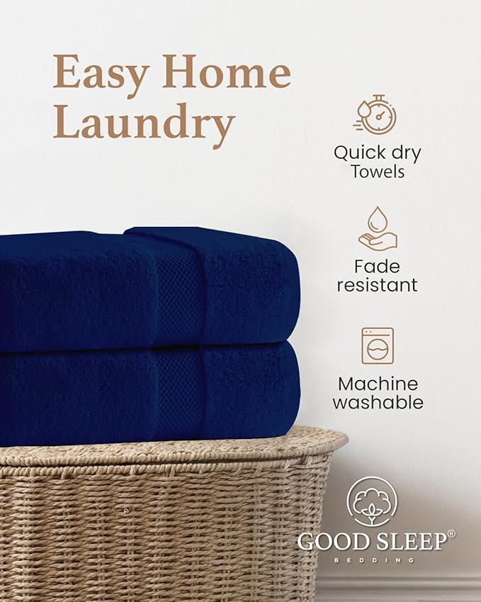 100% Cotton Bath Towel Set, Set of 6 Bath Towels, 2 Bath Towel, 2 Hand Towels, 2 Wash Cloths for Showering, Highly Absorbent Bathroom Set, Super Soft & Quick Dry Towels for Bathroom, Navy Blue