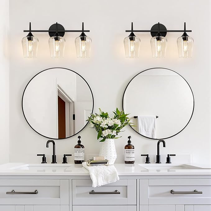 2025 Upgrade 3-Light Bathroom Light Fixtures, Black Vanity Lights for Bathroom with Clear Glass, 19.5 Inch Bathroom Lighting Fixtures Over Mirror, Modern Wall lamp for Cabinet Hallway