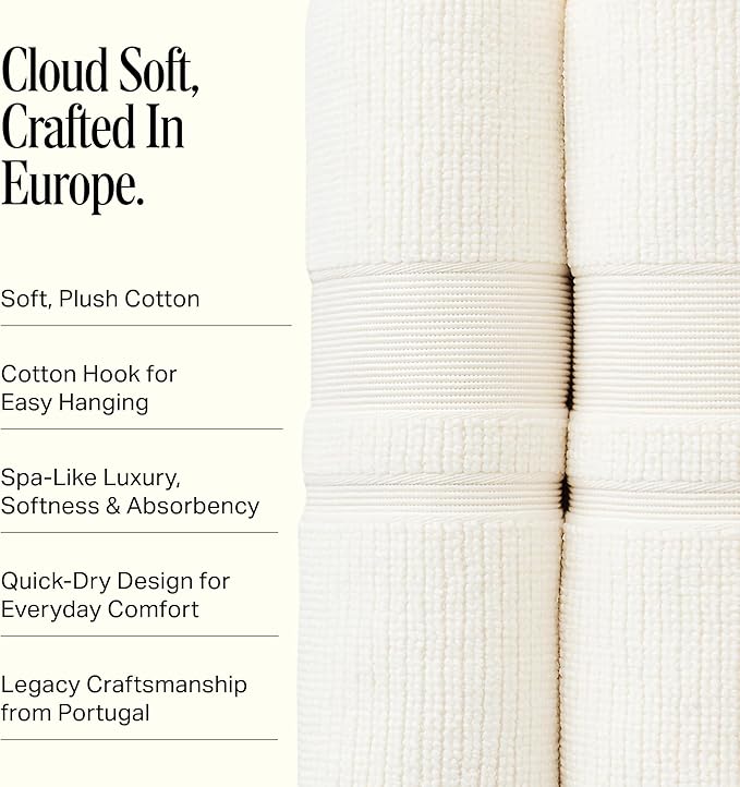 Preston Lane Douro Hand Towel Set – 2 Pack Luxury Cotton Towels, Ultra Soft & Absorbent, Quick-Dry Spa-Quality Bathroom Towels, Made in Portugal, Alabaster