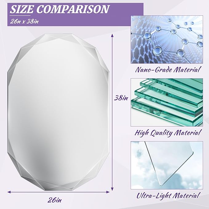 Bathroom Mirror for Wall, 26" x 38" Oval Bathroom Vanity Mirror, Beveled Edge Frameless Wall Mount Vanity, Wall Decorative Irregular Beveled Edge Mirror