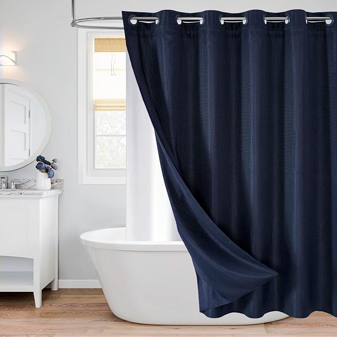 MitoVilla Navy Blue Waffle Long Shower Curtain Liner Set 72 x 80, No Hooks Required 80 inch Long Fabric Cloth Shower Curtain Set with Cloth Snap-in Liner for Modern Hotel Bathroom Decor