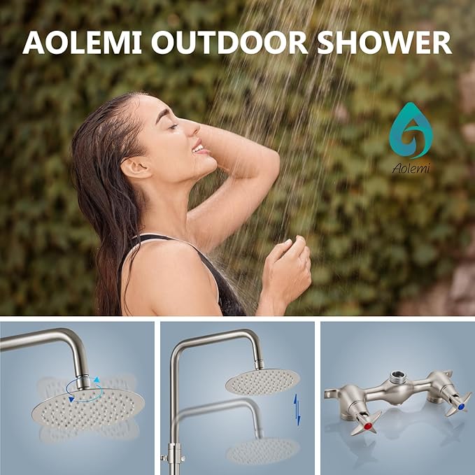 Aolemi Outdoor Shower Kit Outdoor Shower Fixtures Faucet System Double Handle Exposed Shower with 8 Inch Rainfall Shower Head Adjustable Height Shower Pipe 6 Inch Center Brushed Nickel
