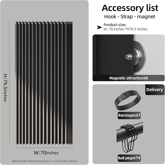 Bathroom Magnetic Folding Shower Curtain, Accordion-Style Shower Curtain, Suitable for Shower Rooms, bathtubs, Hotels or Apartments (Black, W:70*H79.5Inch)
