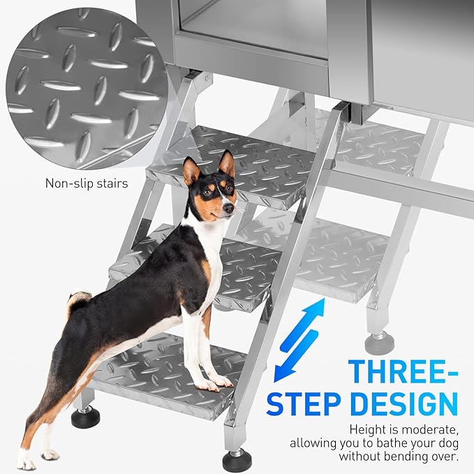 Dog Washing Station Stainless Steel, 38-Inch Dog Bathing Station Bath Tub, Pet Grooming Bath Tub With Left Ramp & Removable Door & Showerhead & Faucet & Soap Holder For Large, Medium & Small Pet
