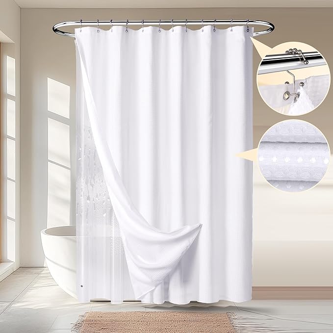River Dream 3 in 1 Waffle Shower Curtain Set, White Fabric Shower Curtain and Clear Liner Set, with Double Sided Hooks, Waterproof, 72" W*78" H