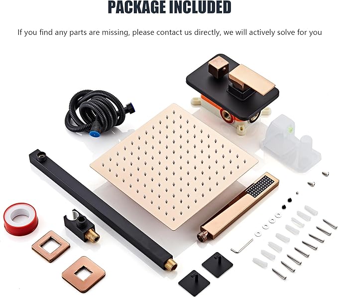 Shower Faucet Set, Matte Black and Rose Gold Rainfall Shower System Complete Wall Mounted for Bathroom with 12 Inch Square Shower Head and Handheld Shower Head Rain Mixer Combo Set