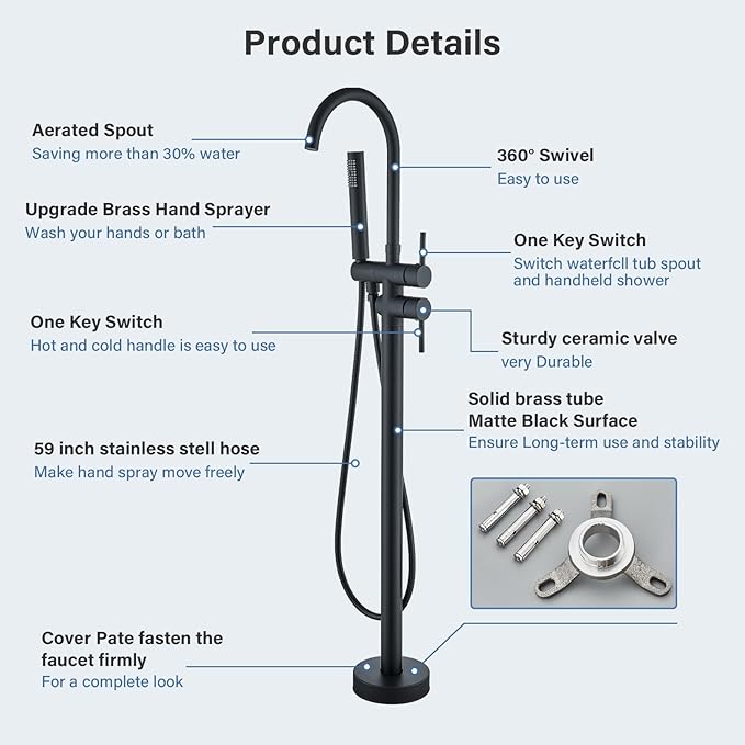 Freestanding Bathtub Faucet Matte Black Floor Mounted Tub Filler with Hand Shower 360 Degree Swivel Standing Spout Brass High Flow Mixer Taps
