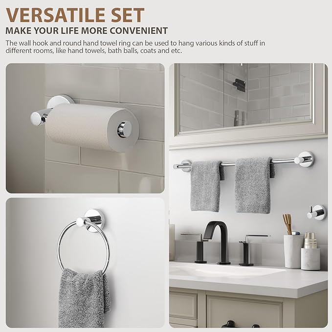 Polished Chrome Bathroom Hardware Set 4 Piece Towel bar Set,Towel Rack for Bathroom Wall Mounted Adjustable Expandable 24 inch Towel Holder Robe Hook Towel Ring Toilet Paper Holder