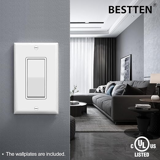 BESTTEN 100 Pack Single Pole Decorator Wall Light Switch with Wall Plate, 15A 120/277V, On/Off Rocker Paddle Interrupter for LED and Other Lamps, UL Listed, White