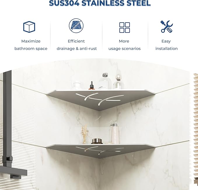 FerdY 2-Pack 10" Brushed Nickel Recessed Corner Shower Shelf, for Tiled Bathroom Walls, Floating Shower Shelf, 304 Stainless Steel Shower Caddy Storage Shelves, No Drilling Required, Irregular Diamond