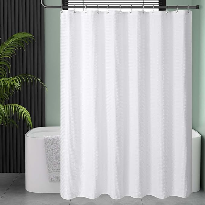 AmazerBath Waffle Shower Curtain White, Stall Shower Curtain 48 x 72 Inches, Fabric Curtain Heavy Duty 240GSM, Hotel Quality Bathroom Curtains