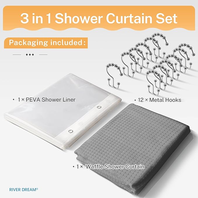 River Dream Grey Shower Curtain with Liner Set, Waffle Fabric Shower Curtain and Waterproof Clear Liner Set with Double Sided Metal Hooks, 72" W*72" H