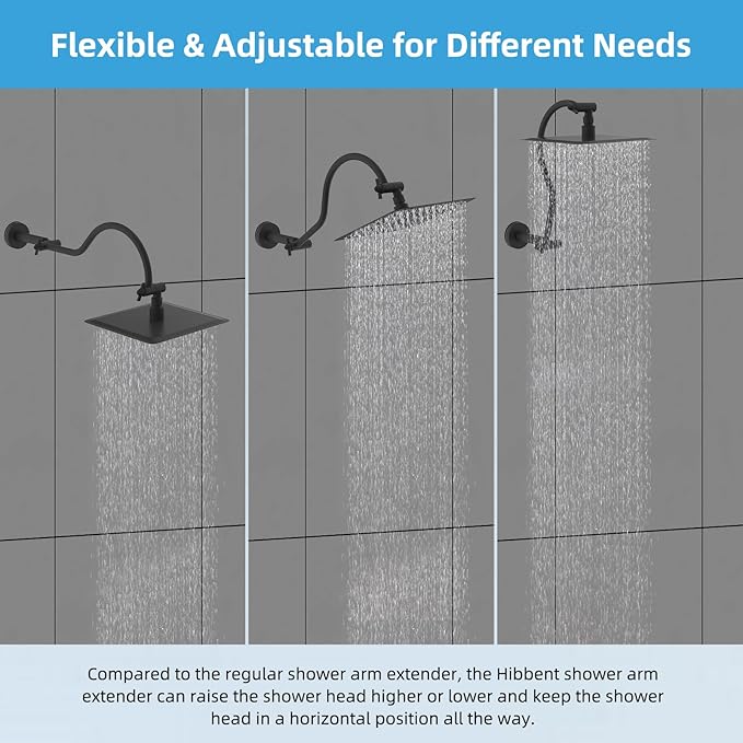 Hibbent All Metal Upgraded 18'' Shower Head Extension Arm, Shower Arm with Flange, Solid Brass Flexible Height & Angle Adjustable Shower Extender with Lock Joint, Universal Connection, Matte Black