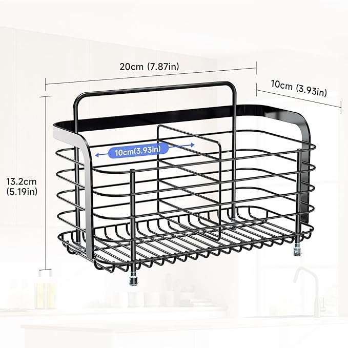 Black Kitchen Sink Caddy Organzier, Sponge Holder for Kitchen Sink, Metal High Brush Holder, Dish Sponge Holder Basket for Sponges, Scrubbers, Dish Soap Bottles Wall Mounted/Countertop
