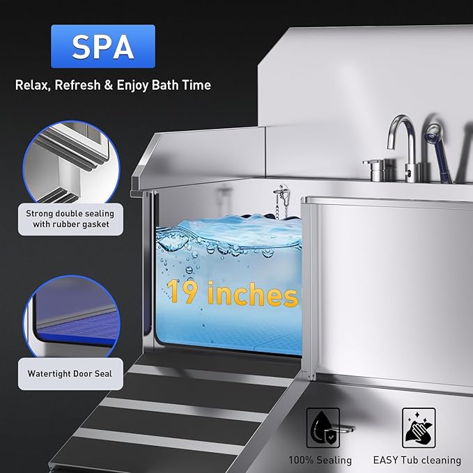 Dog Washing Station – 50 inch Professional 304 Stainless Steel Grooming Tub w/Ramp, Drawer, Faucet & Floor Grate, Dog Bathing Station for Large, Medium & Small Pets, 19" Leak-Proof Deep Soak