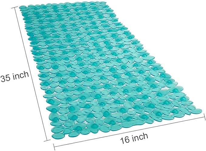 WELTRXE Non Slip Bath Mat Pebbles Bathtub Mat with Suction Cups, Drain Holes for Bathroom Showers, Tub, 35 x 16 Inches Machine Washable Bathroom Mats BPA, Latex Free Safe Shower Mats - Teal