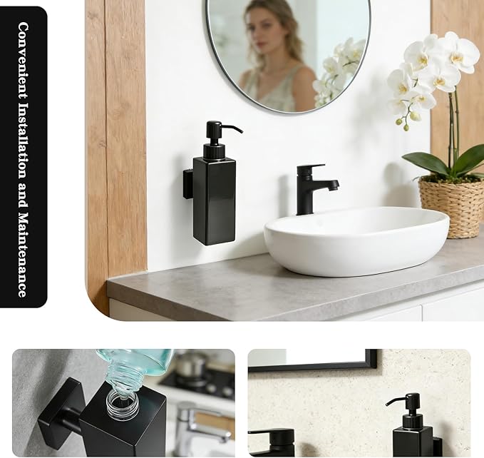 Black Soap Dispenser, Wall-Mounted 304 Stainless Steel Liquid Soap Dispenser for Kitchen and Bathroom