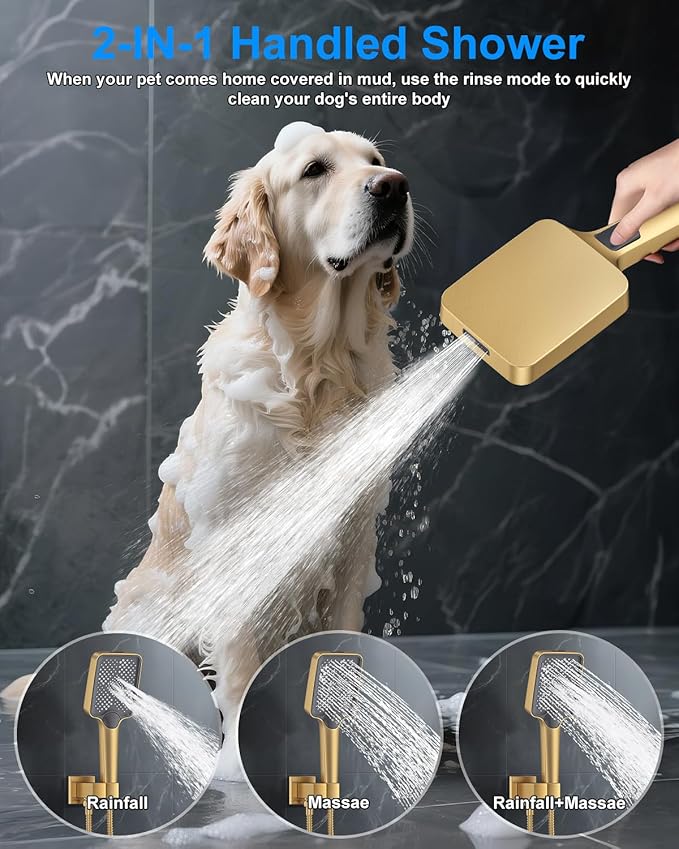 Shower System with Pressure Balance Valve, 12" Ceiling Mount Shower Faucet Set with 2 Rain Shower Head And Multi-function Handheld Head Push Button Diverter Pressure Balancing Valve Kit, Brushed Gold