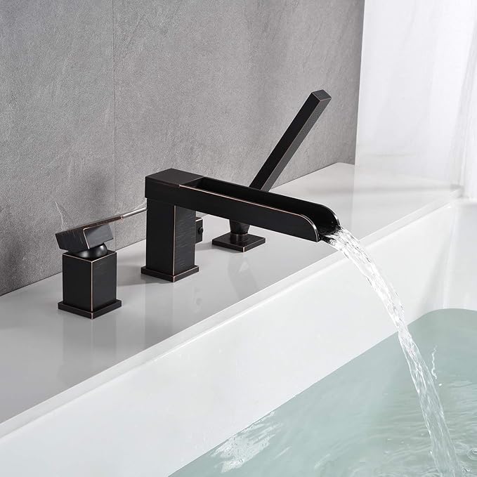 Waterfall Roman Tub Faucets Deck Mount Oil Rubbed Bronze Bathtub Faucets Brass Tub Filler Bathroom Faucets with Hand Shower