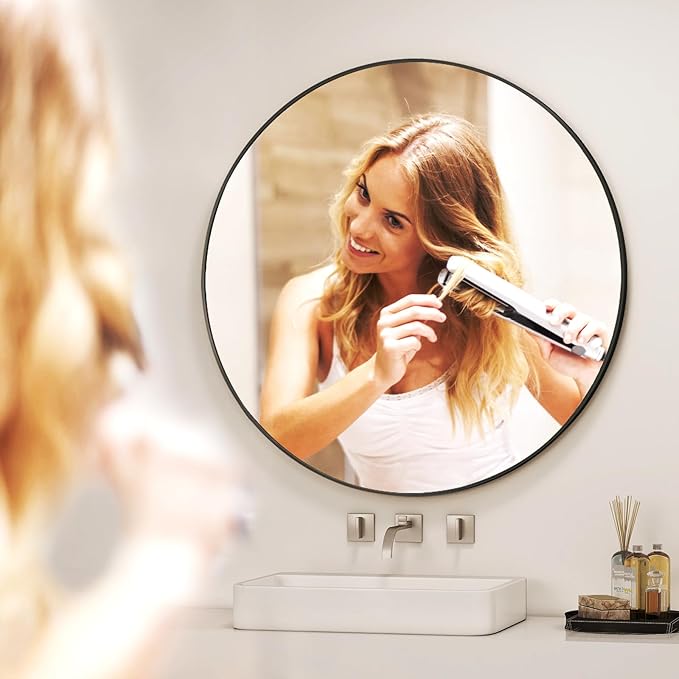 32 Inch Round Bathroom Mirror - Black Wall Mounted Circle Mirror with Metal Frame, Modern Round Hanging Mirror Suitable for Bathroom, Vanity, Entryway, Living Room