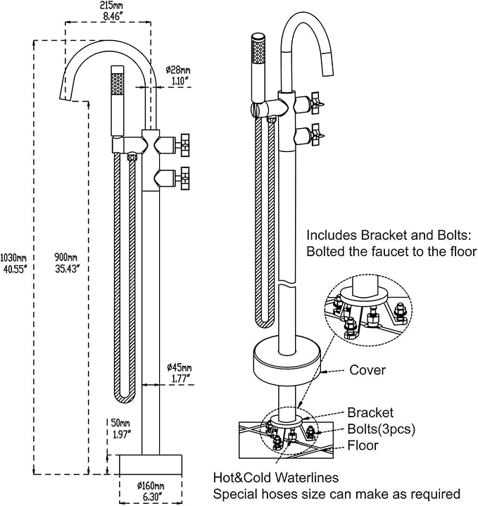 Tub Filler Freestanding Bathtub Faucet Brushed Nickel Floor Mount Brass Faucets with Hand Shower
