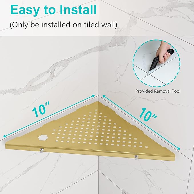 10" Bathroom Corner Shelf, 2 Pack Recessed Shower Shelf Caddy, SUS304 Stainless Steel Shelf Wall Mount Triangular, No Drilling Brushed Golden