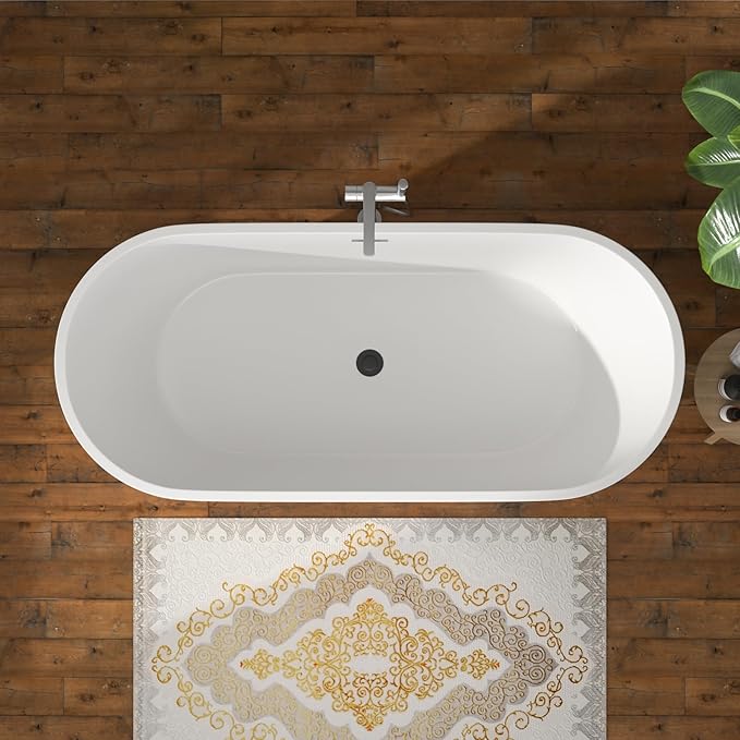 67 Inch Freestanding Acrylic Soaking Tub White Roll Top Deep Bathtub with Black Drain Relaxing Home Spa, YSB9222