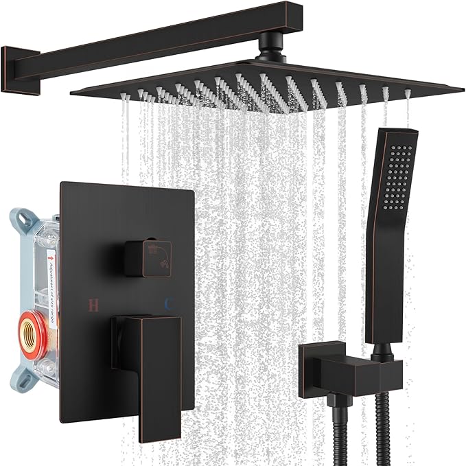 gotonovo Rainfall Bathroom Shower System Rain Shower Head and Handle Set Wall Mounted Shower Complete Combo Solid Brass Pressure Balancing Shower Mixer Valve 10 Inch Oil Rubbed Bronze