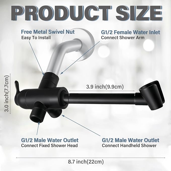 YDmeet All Metal Shower Diverter Valve With HandShower Holder - Upgraded 3 Way Shower Head for Handheld and Fixed Rain Showerhead - Universal G1/2 Arm, Bathroom Part, Matte Black