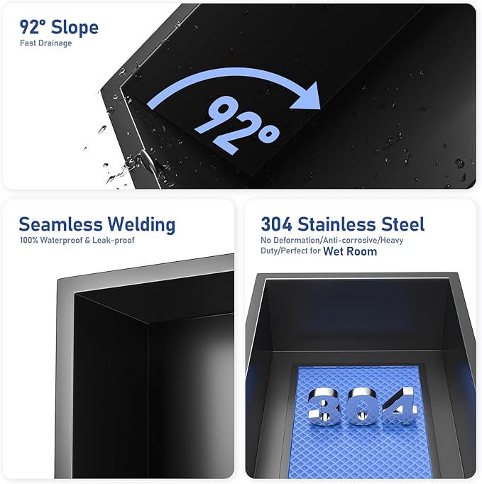 Stainless Steel Shower Niche 12" X 12" Matte Black No Tile Needed Niche Shower Recessed Wall Niches for Bathroom Storage Over Mount Installation