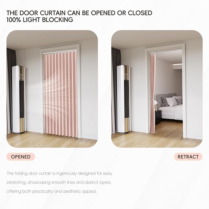 Accordian Door Curtain, 100% Blackout Folding Magnetic Doorway Curtains,Linen Style Closet Doors,for Room Divider,Privacy Protection（W52 x L78,Pink,1 Panel）