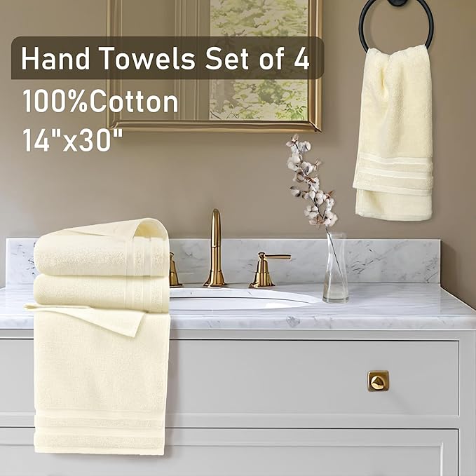 Bath Hand Towels Set of 4, 14"x30" - 100% Cotton | Light Weight | Thick 480 GSM | Soft | Absorbent, Yellow Hand Towels for Bathroom | Showering | Guest Use, Bathroom Essentials & Home Decor