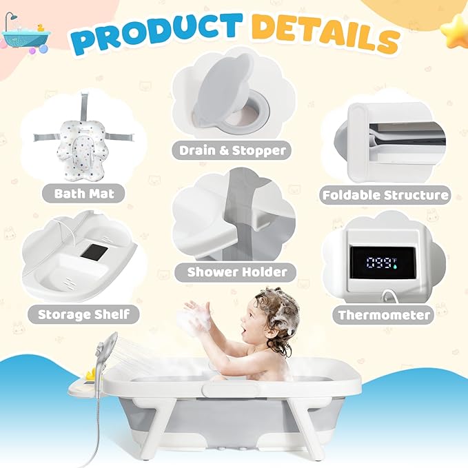 Orzbow Collapsible Baby Bathtub, Large Baby Bath Tub for Newborn with Soft Cushion & Thermometer, Travel Portable Baby Tubs for Infants to Toddler 0-36 Months, Gray